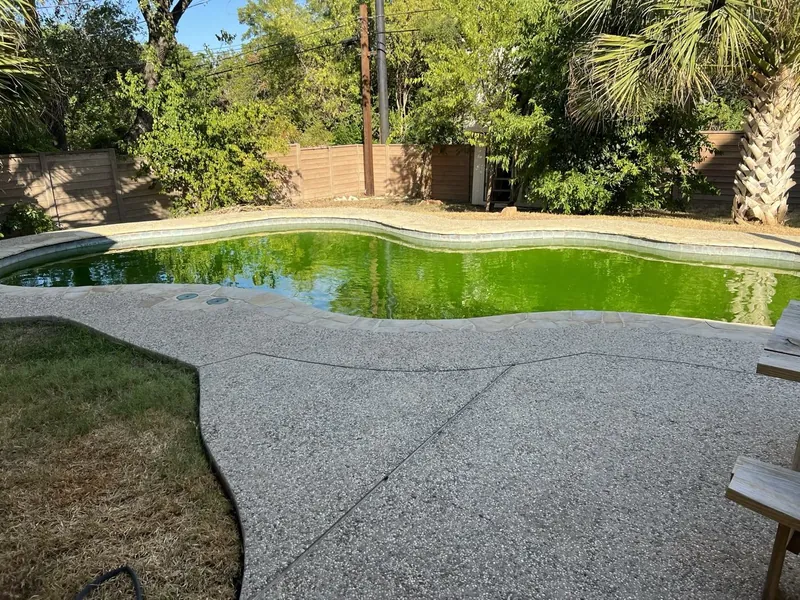 The pool before: bright green water