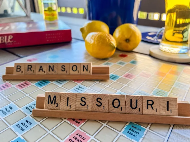 Scrabble tiles spelling Branson Missouri