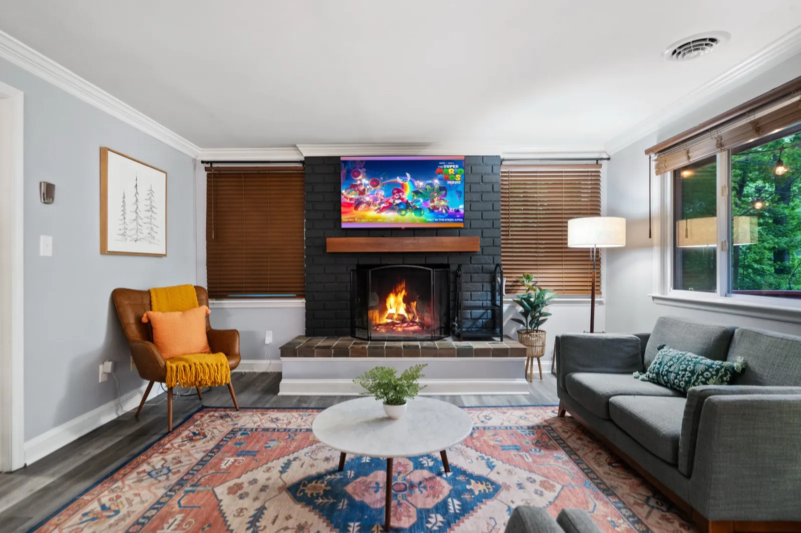 Living room before: a red patterned rug