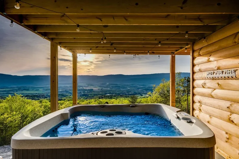 Hot tub under string lights facing the valley